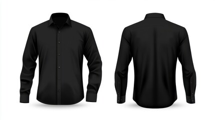 Black long-sleeve button-down shirt, front and back view, isolated on white background.