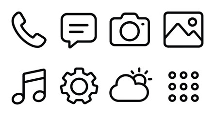 Communication and media icons set – linear, messaging and photography symbols