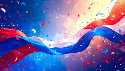 Bastille Day Abstract Background with Tricolor Ribbon and Confetti Celebration
