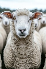 Fototapeta premium Portrait of a Woolly White Sheep in a Flock