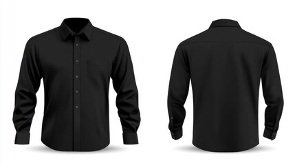 Black long sleeve shirt, front and back view, isolated on white background.
