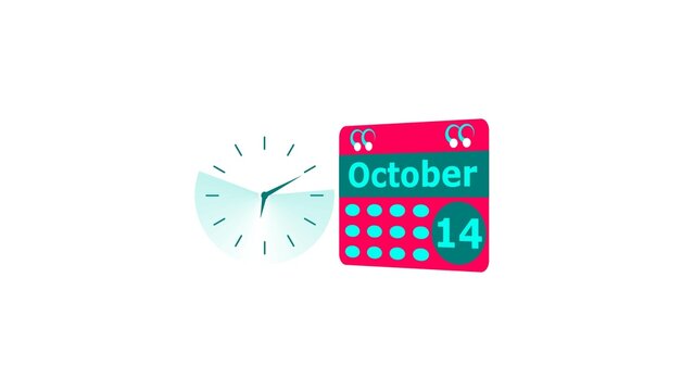 October month 14 date calendar icon and cyan color clock 4k illustration. Digital calendar month concept design on White background.