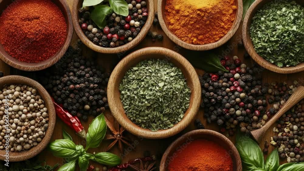 Poster assortment of spices displayed in wooden bowls on a table, perfect for use in cooking or as a decora
