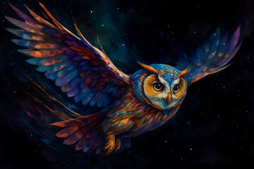 Fototapeta premium Colorful Owl on Dark Background - Fantasy Art Style