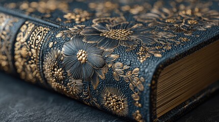 Old antiquarian book with detailed gold floral embossed leather cover and gilded pages resting on a surface