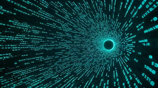 Abstract digital binary code tunnel animation, data stream visualization concept