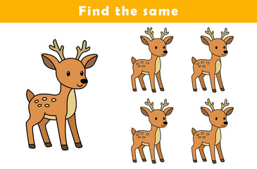 Find same picture worksheet for kids. Worksheet for kids kindergarten, preschool and school age. Education game for children with cute deer illustration.