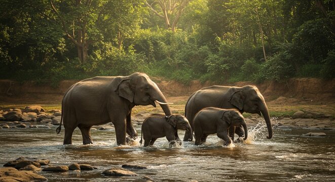 A family of elephants crosses a river, their large forms silhouetted against the lush forest backdrop.