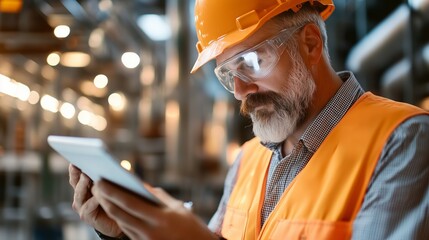 Construction worker using tablet in industrial facility for project management during daytime