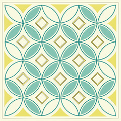 Fototapeta premium Repeating pattern of intersecting circles with teal ovals and yellow squares in a geometric design
