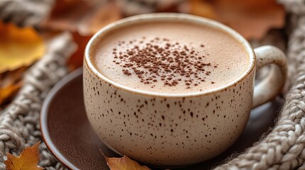 Cozy Autumn Beverage in Ceramic Mug with Fall Leaves and Knitted Blanket