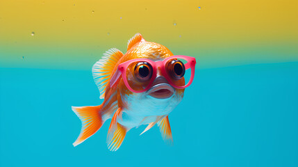 Happy goldfish pet with colorful glasses on dual colour background with copy space. Fun night party animal creative concept. Generative AI.