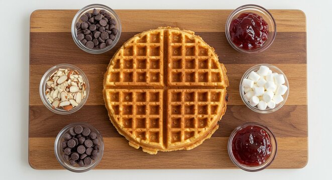 An aerial view displays a golden waffle surrounded by toppings like chocolate chips and marshmallows.