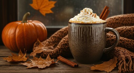 Fototapeta premium Cozy fall beverage with pumpkin, cinnamon sticks, and fallen leaves for a warm autumn mood.