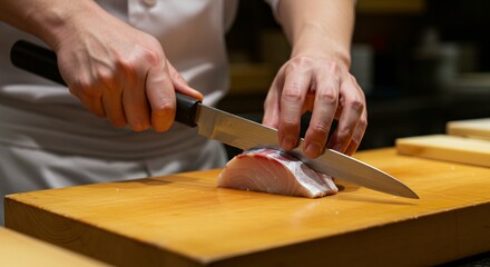 Obraz premium Expertly slicing fresh fish with precision on a wooden board, showcasing culinary skill and dedication.