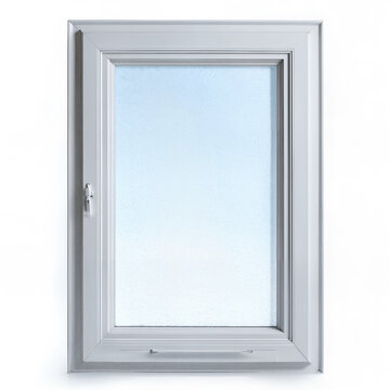Realistic macro shot of a single window pane, subtle reflections of an implied bright sky, tiny dust particles on the glass, isolated on a seamless pure white backdrop, diffused light.