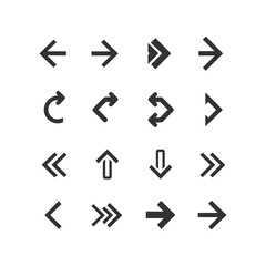 Collection of sixteen different dark gray arrow icons on a white background