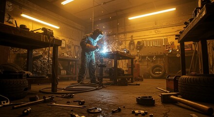A skilled worker welds metal in a dimly lit, cluttered workshop, sparks flying amidst tools and equipment.