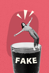 Trend artwork sketch design montage 3D collage of young lady balance confused stand glass soda fake...