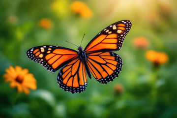 Fototapeta premium A vibrant monarch butterfly hovers mid-air amidst a blurred background of green foliage and yellow wildflowers.
