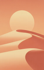 Abstract Desert Landscape with Rolling Sand Dunes and a Large Sun in a Calm Sunset