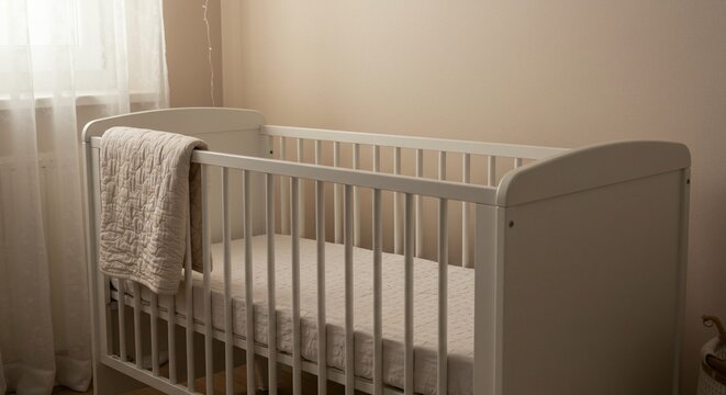 Serene nursery scene featuring a white baby crib adorned with a cozy beige blanket near a window.