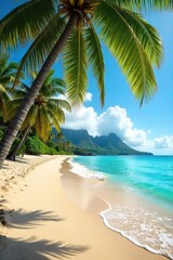 Obraz premium Tranquil Hawaiian Beach Paradise Golden Sand, Turquoise Water, Swaying Palm Trees
