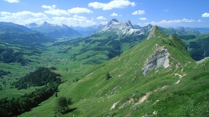 Majestic Alpine Panorama: Verdant Slopes and Distant Peaks