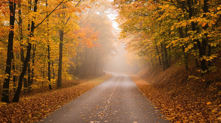 Obraz premium Autumnal road through a misty forest.