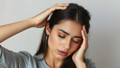 Obraz premium Brunette hispanic girl with hand on head for pain in head because stress. Suffering migraine, magazine photoshoot. White tone