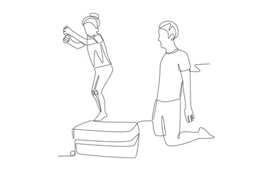 Packing for family travel concept one-line drawing