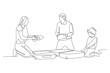 Packing for family travel concept one-line drawing