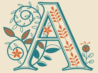 Elegant floral letter a decorated with decorative leaves and flowers design element