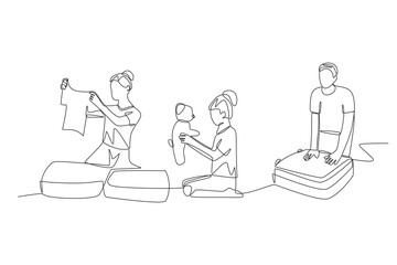 Packing for family travel concept one-line drawing