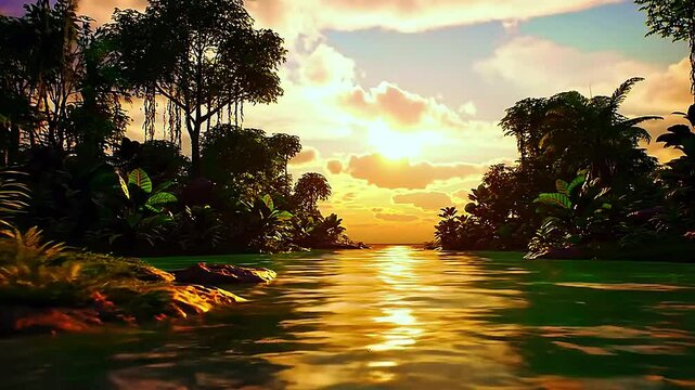 A realistic 4K cinematic emerald river within a jungle basin glowing with deep golden sunset light, its surface reflecting the dying sun while clouds drift softly above the dense treeline, static broa