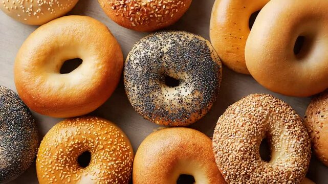 Video of variety of freshly baked bagels plain with sesame and poppy seeds top view. Bread making comfort food concept