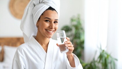 Relaxed woman in bathrobe holding glass of water embracing home skincare routine and self-care lifestyle