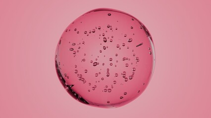 Abstract pink glossy sphere surrounded by soft droplets, rendered with photorealistic clarity. A...