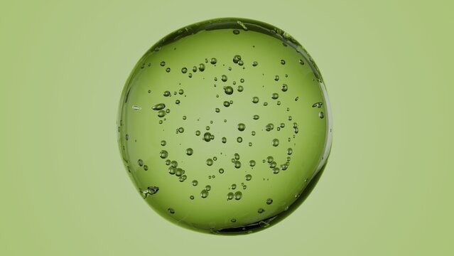 Detailed 3D image of a green gel-like sphere with subtle internal bubbles. Fits perfectly in projects related to natural cosmetics, biotech visuals, supplement branding, and organic health design