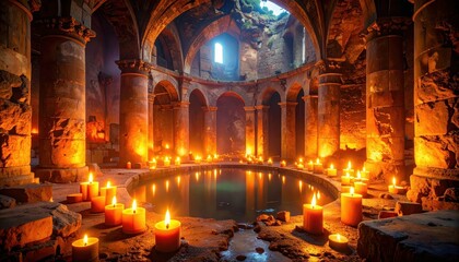 Ruined Basilica with Inverted Flames and Illuminated Water Reflection