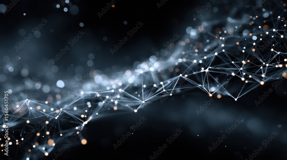 Poster Abstract network visualization with glowing dots and lines connecting across a dark blue space for data transfer and artificial intelligence