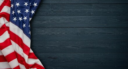 An arrangement of an americana flag draped across a rustic, dark-stained wooden surface.