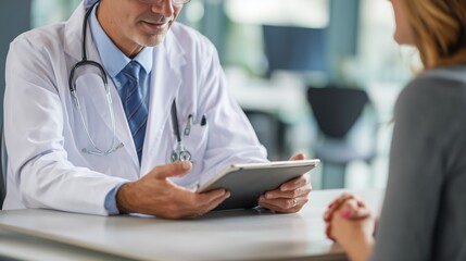 Doctor consulting patient in modern medical office using digital tablet