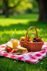 Sunny Summer Picnic Checkered Blanket, Fruit Basket, and Sandwiches on Grassy Field