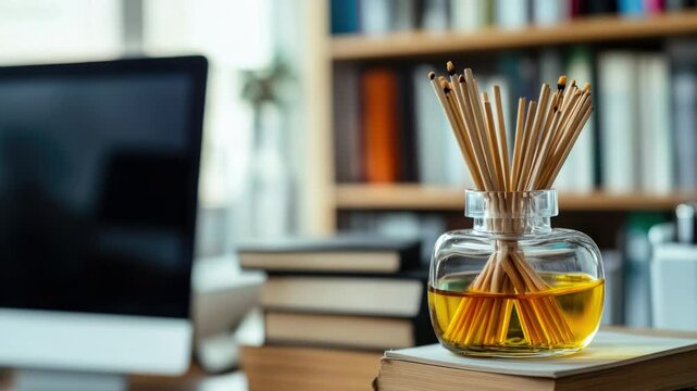 A glass jar filled with sticks sits atop an open book, perfect for use in educational or rustic-themed settings