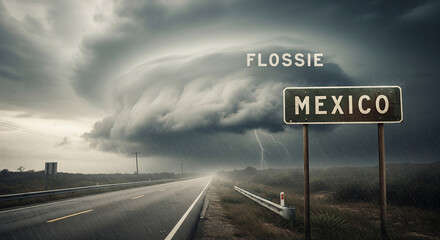 Hurricane Flossie, Mexico, Cloudy sky with Mexico sign board indicating a Hurricane atmosphere in the background