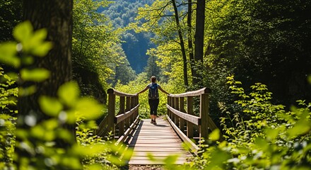 Woman Hiking Across Wooden Bridge in Lush Green Forest Trail
