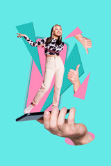 Vertical pop trend collage of happy girl guy stand phone peek hand thumb up like reaction social...