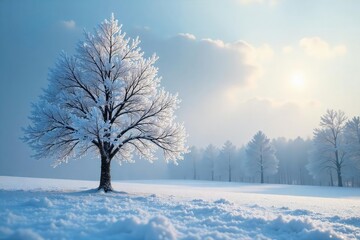 Serene Winter Solitude A Frosted Christmas Tree in a Snowy Landscape, its branches heavy with ice crystals reflecting the pale winter sun, evoking a feeling of peaceful isolation.