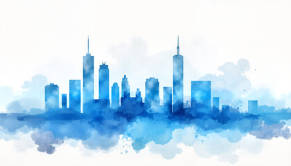 Fototapeta premium City skyline silhouette in blue watercolor style with clouds 